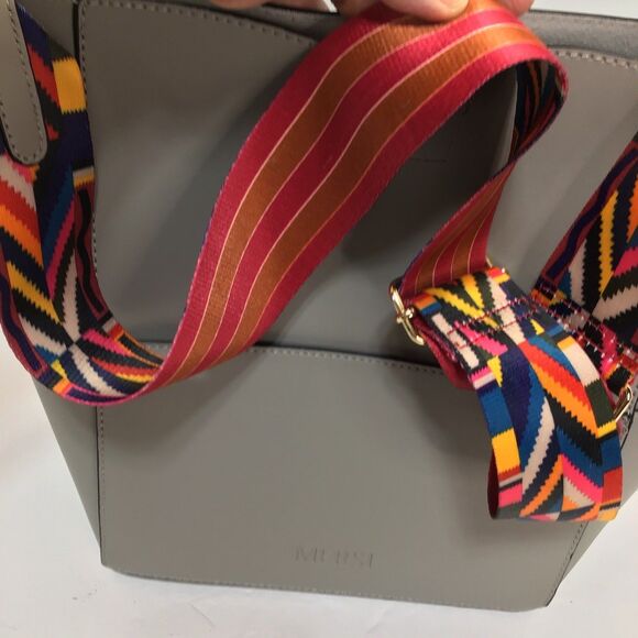 MERSI Vegan Demi Bucket Purse Colorful Strap Boho Crossbody Taupe Gray - Picture 2 of 16